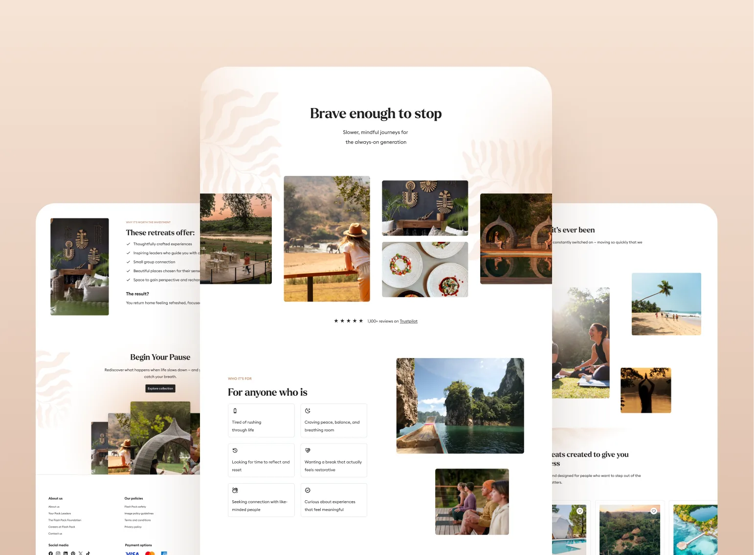 Flash Pack marketing pages and retreat collection layouts
